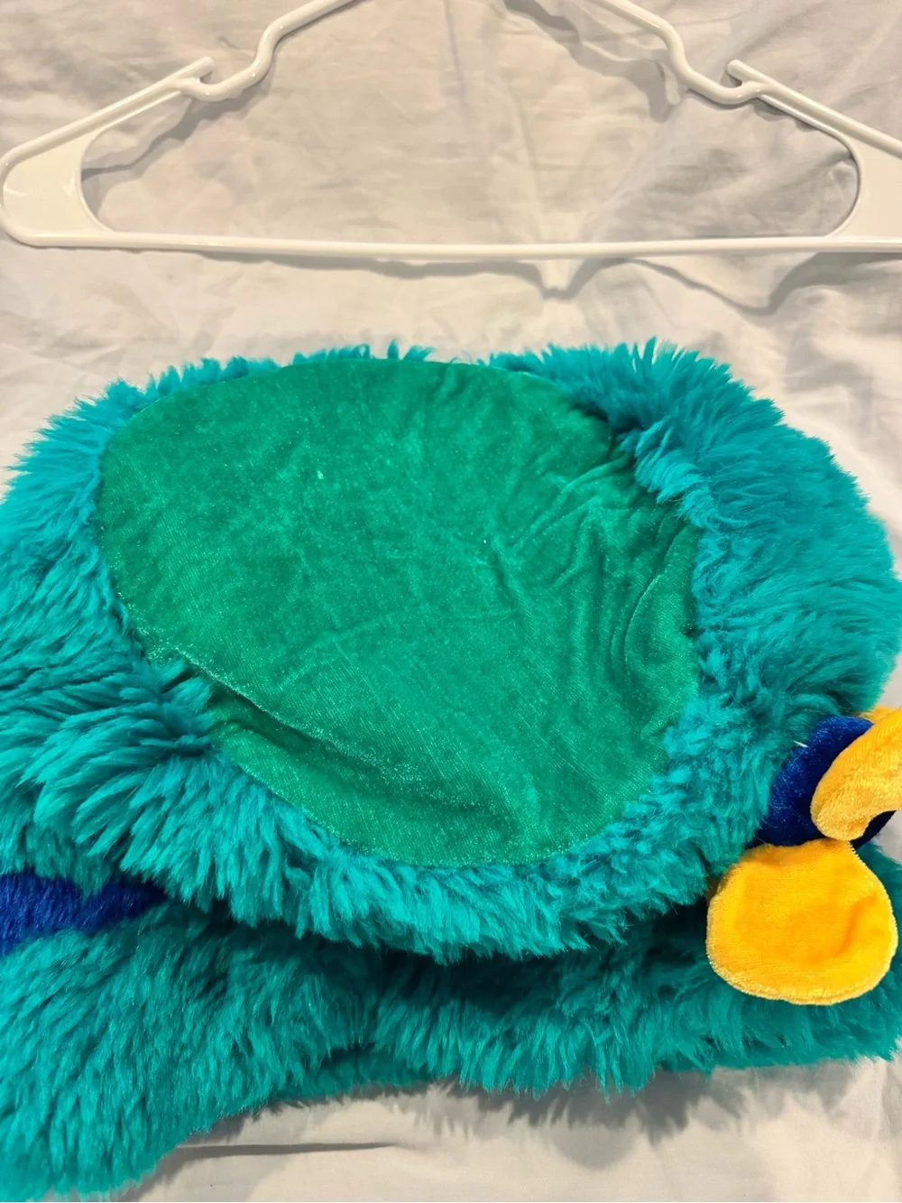 Costume Teal & Blue Fuzzy Faux Fur Hat with Yellow Flower - adjustable